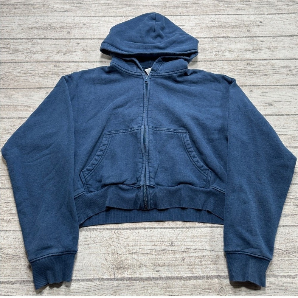TNA Aritzia Hoodie Women's Small Blue Full Zip Cropped Cozy Fleece Boyfriend Fit